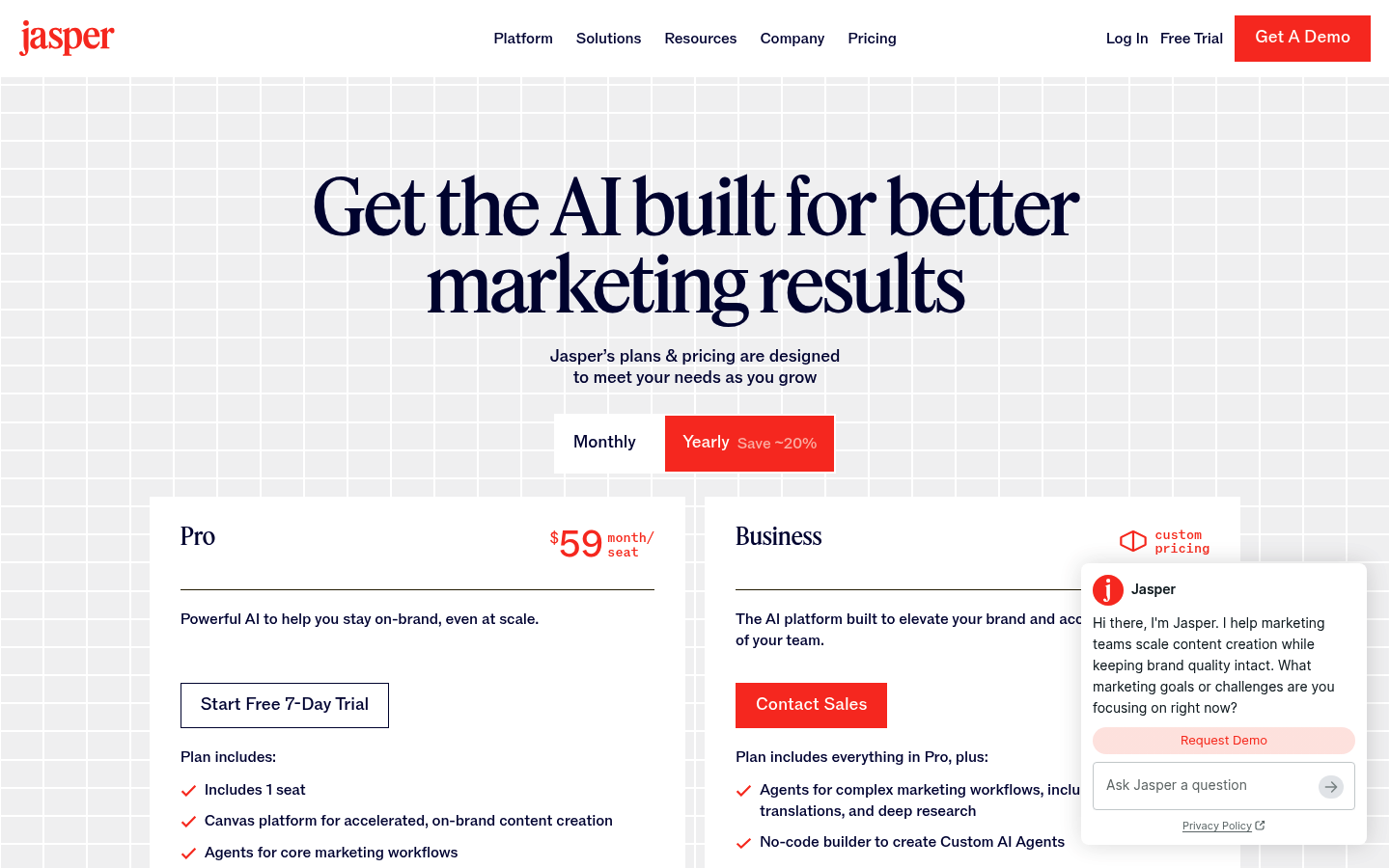 Screenshot of Jasper's pricing page showing its plans and prices