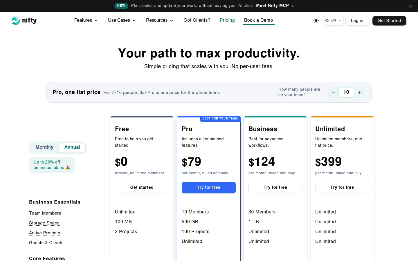 Screenshot of Nifty's pricing page showing its plans and prices