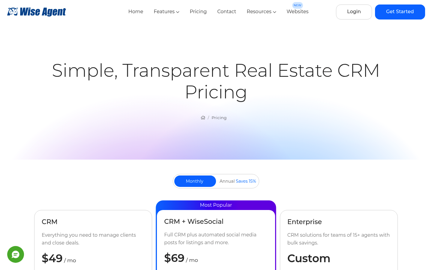 Screenshot of Wise Agent's pricing page showing its plans and prices