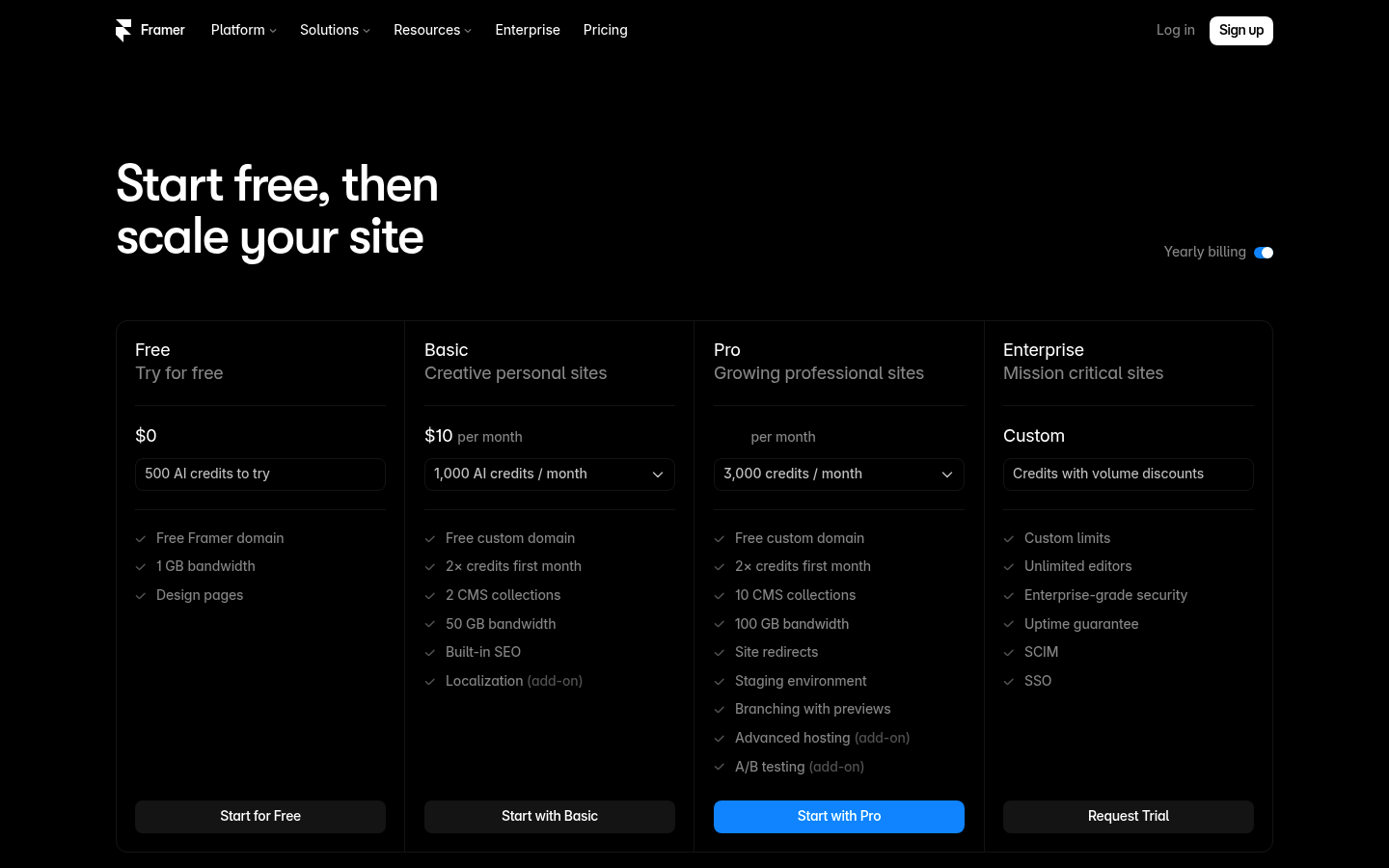 Screenshot of Framer's pricing page showing its plans and prices