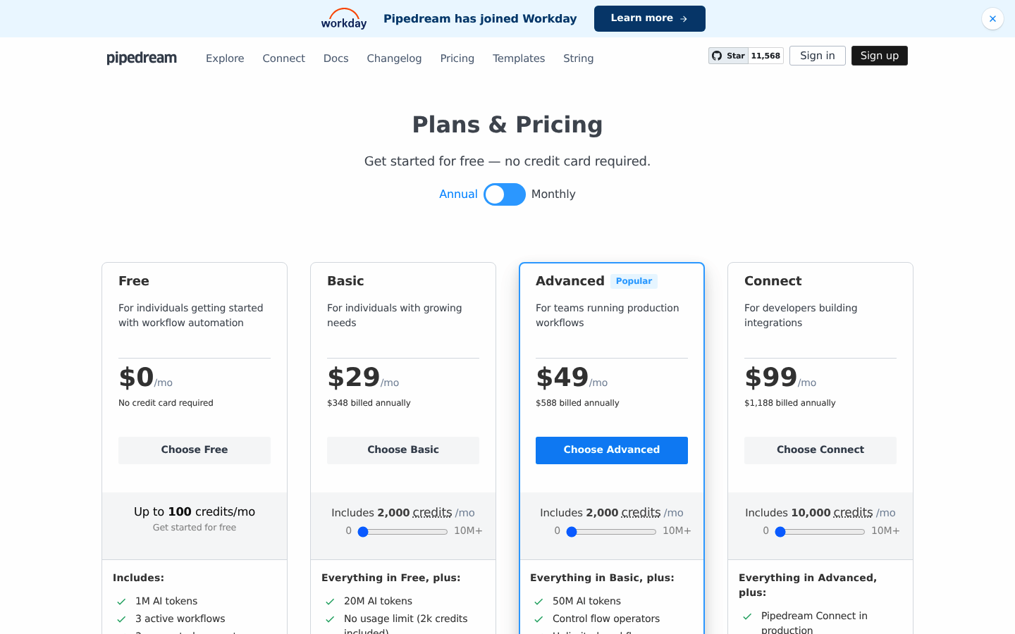 Screenshot of Pipedream's pricing page showing its plans and prices
