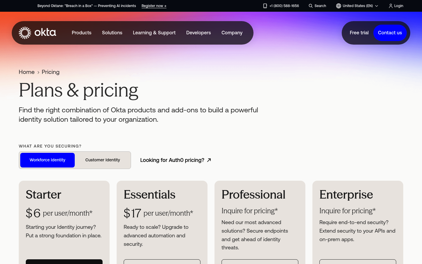 Screenshot of Okta's pricing page showing its plans and prices