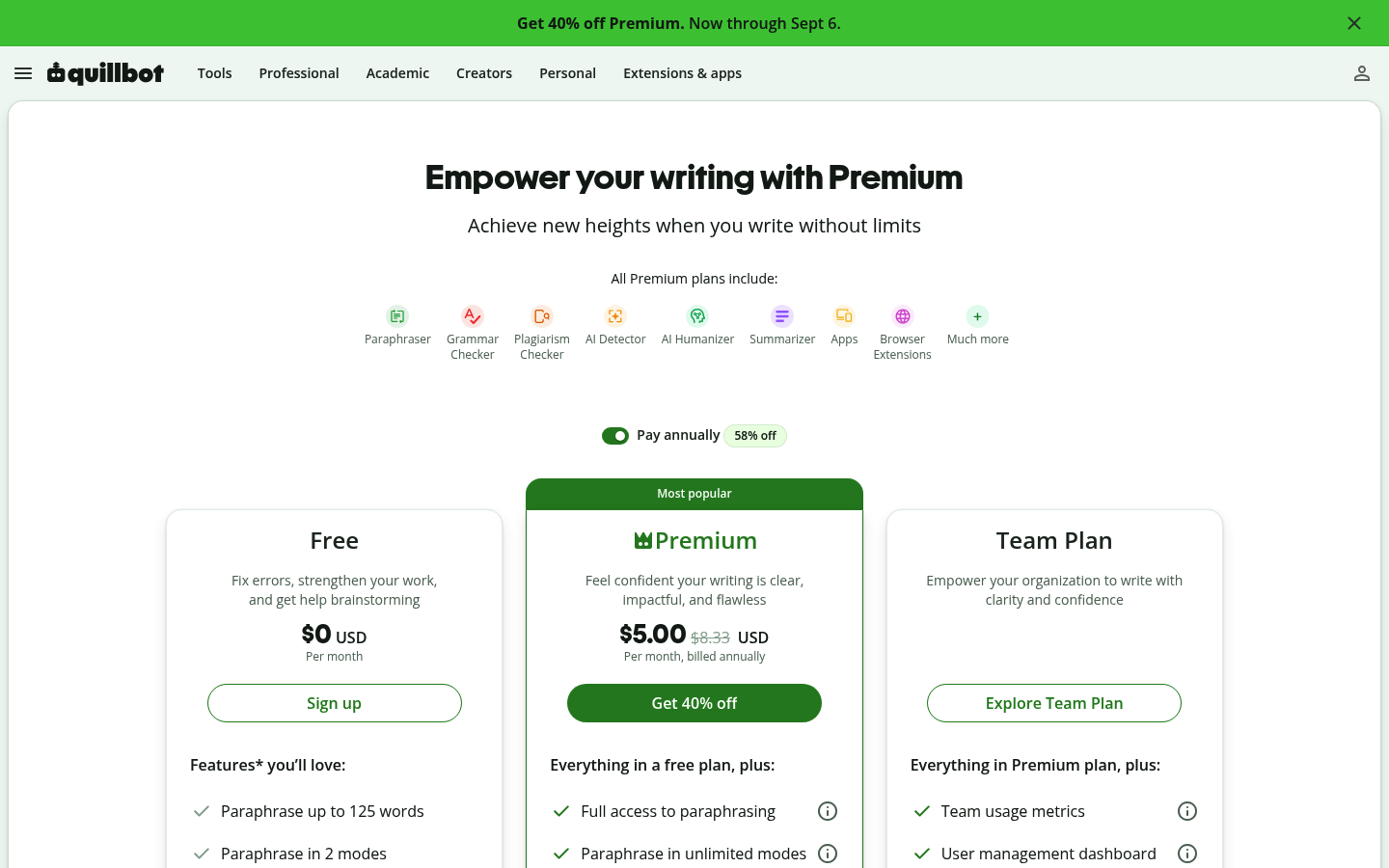 Screenshot of QuillBot's pricing page showing its plans and prices
