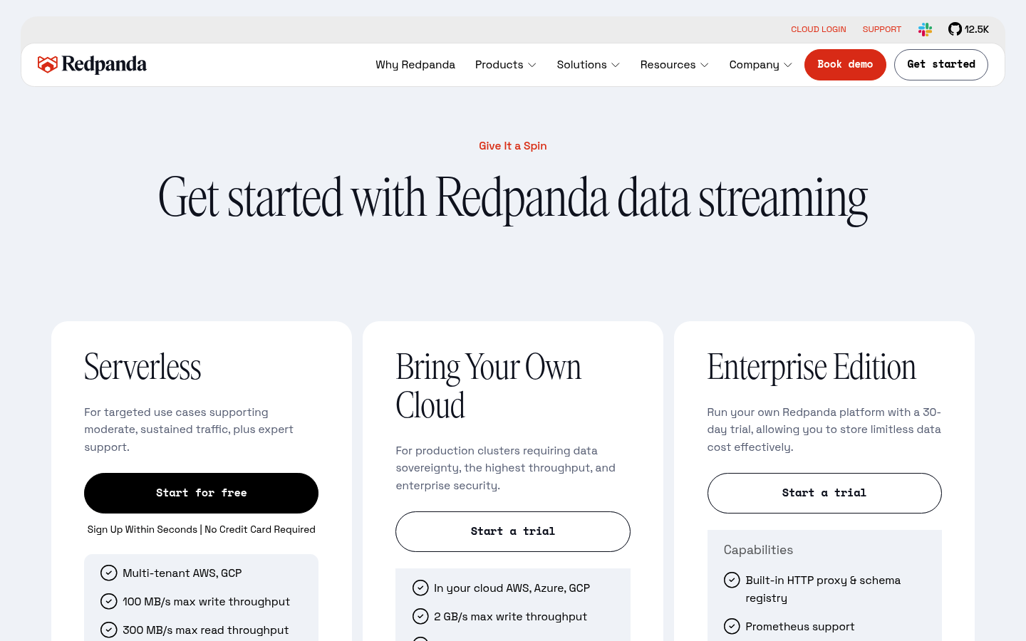 Screenshot of Redpanda's pricing page showing its plans and prices