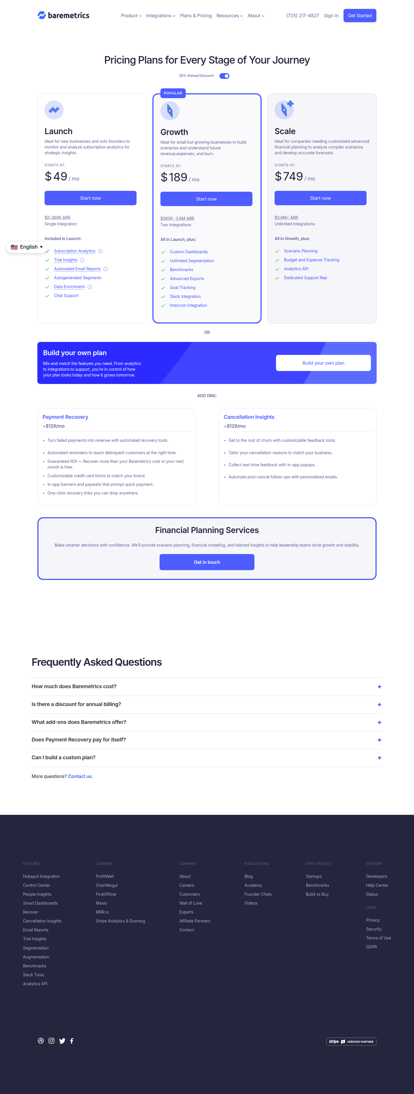 Screenshot of Baremetrics's pricing page showing its plans and prices