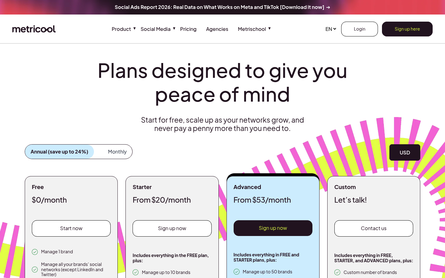 Screenshot of Metricool's pricing page showing its plans and prices