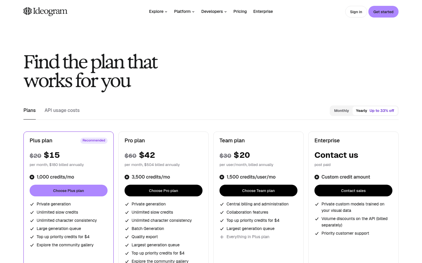 Screenshot of Ideogram's pricing page showing its plans and prices
