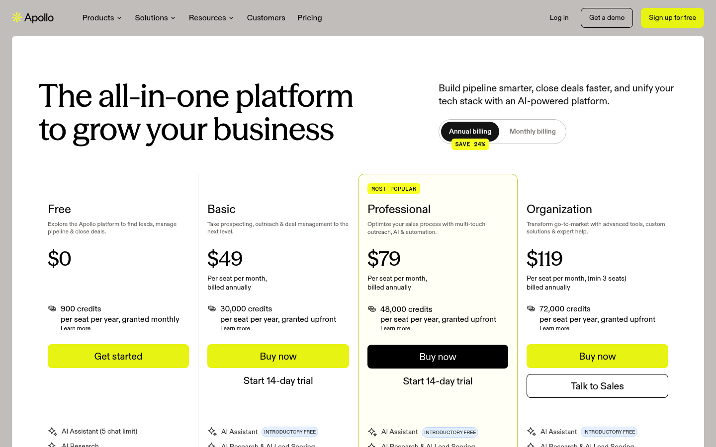 Screenshot of Apollo.io's pricing page showing its plans and prices