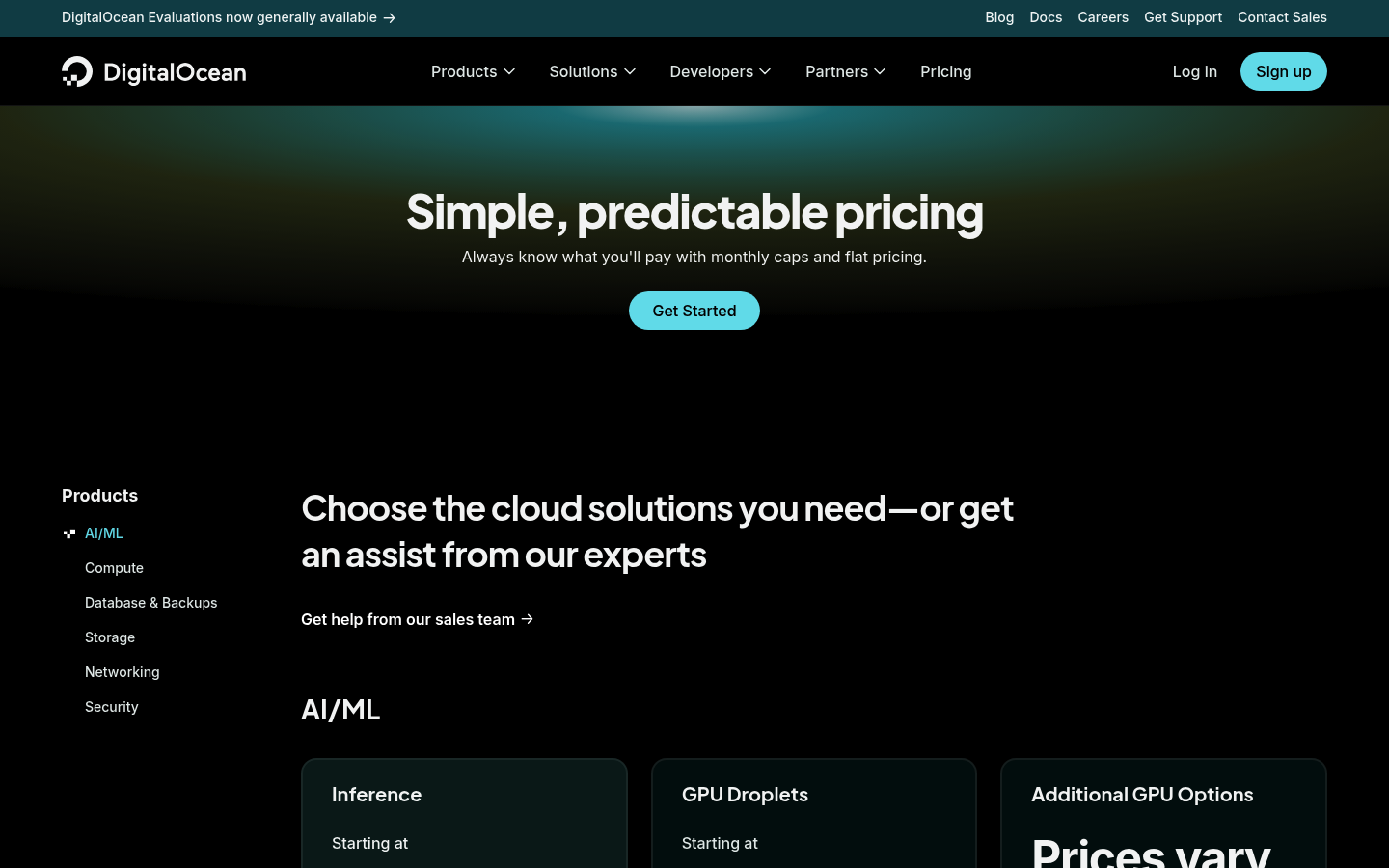 Screenshot of DigitalOcean's pricing page showing its plans and prices