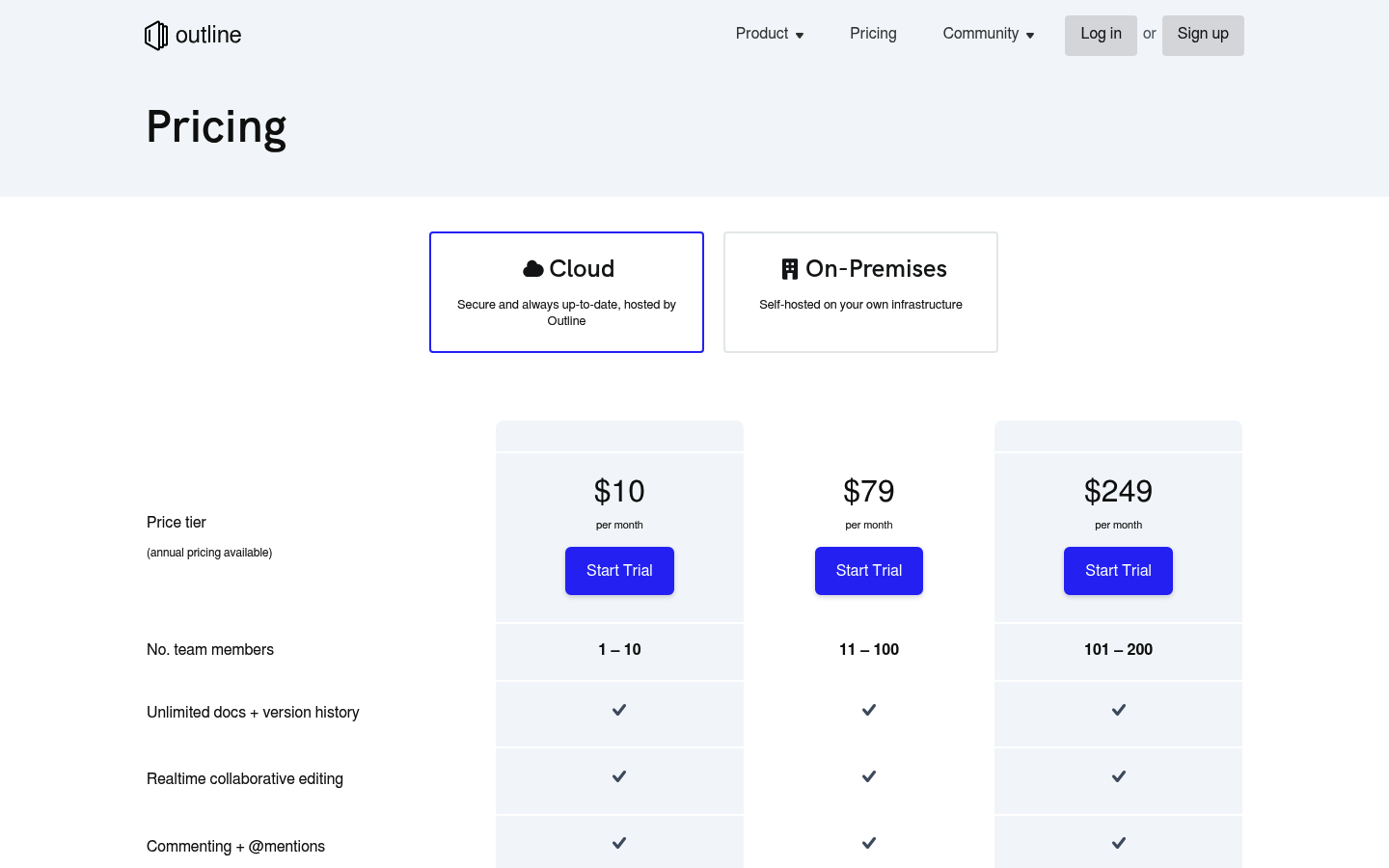 Screenshot of Outline's pricing page showing its plans and prices