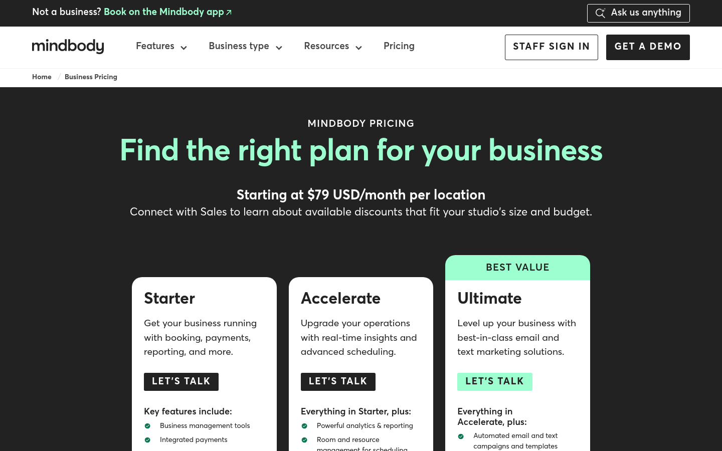Screenshot of Mindbody's pricing page showing its plans and prices