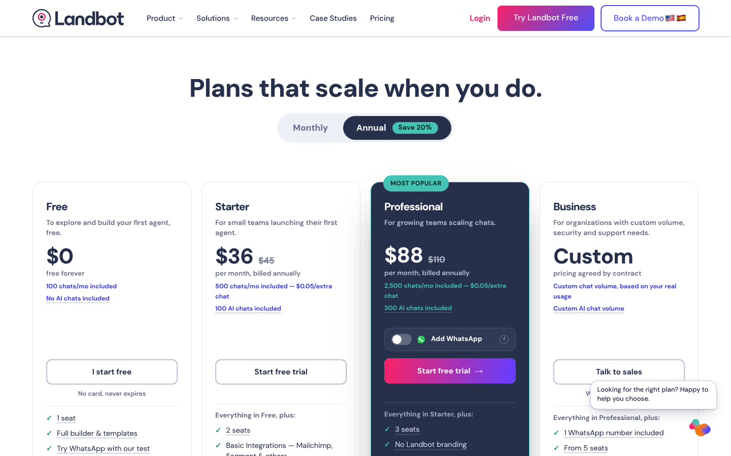 Screenshot of Landbot's pricing page showing its plans and prices