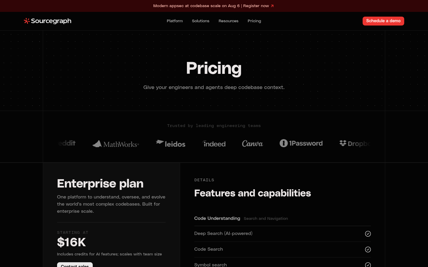 Screenshot of Sourcegraph's pricing page showing its plans and prices