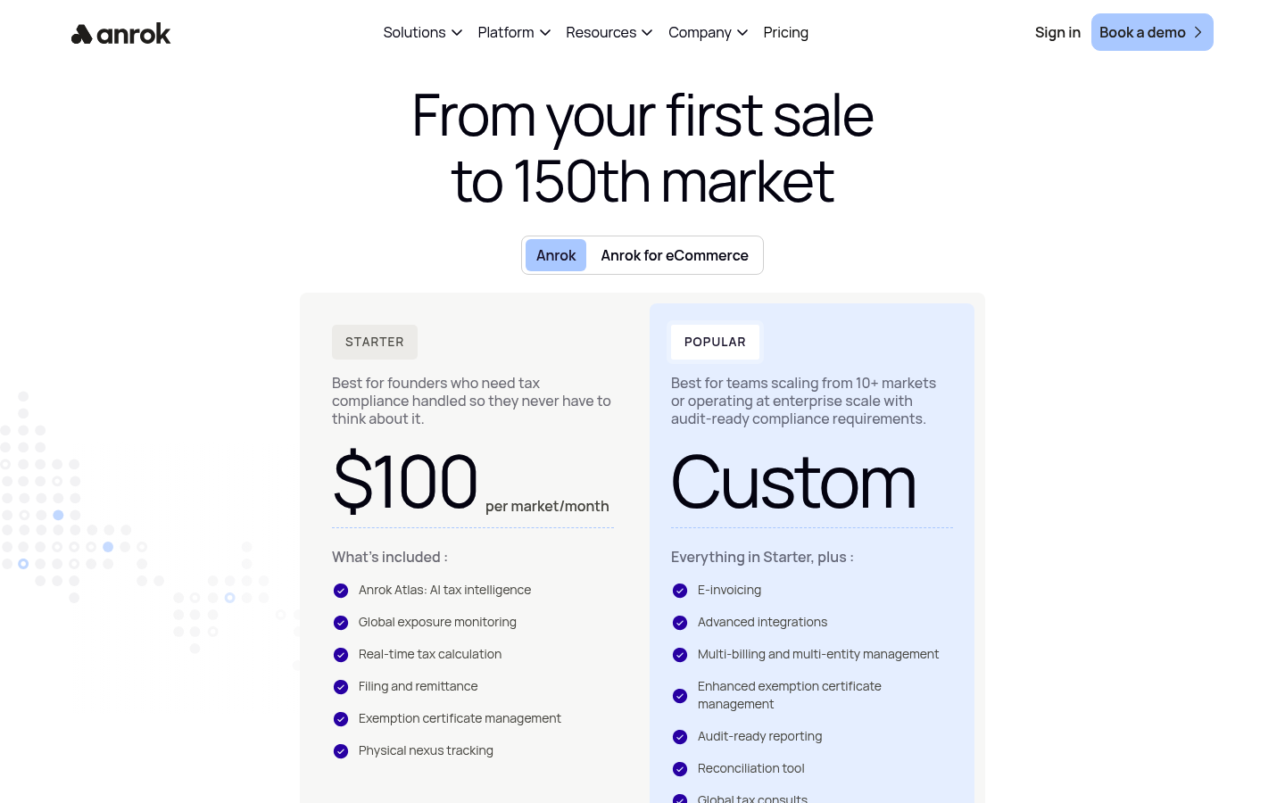 Screenshot of Anrok's pricing page showing its plans and prices