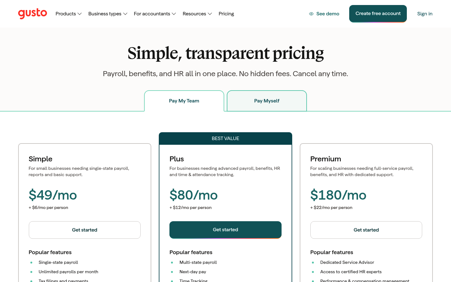 Screenshot of Gusto's pricing page showing its plans and prices