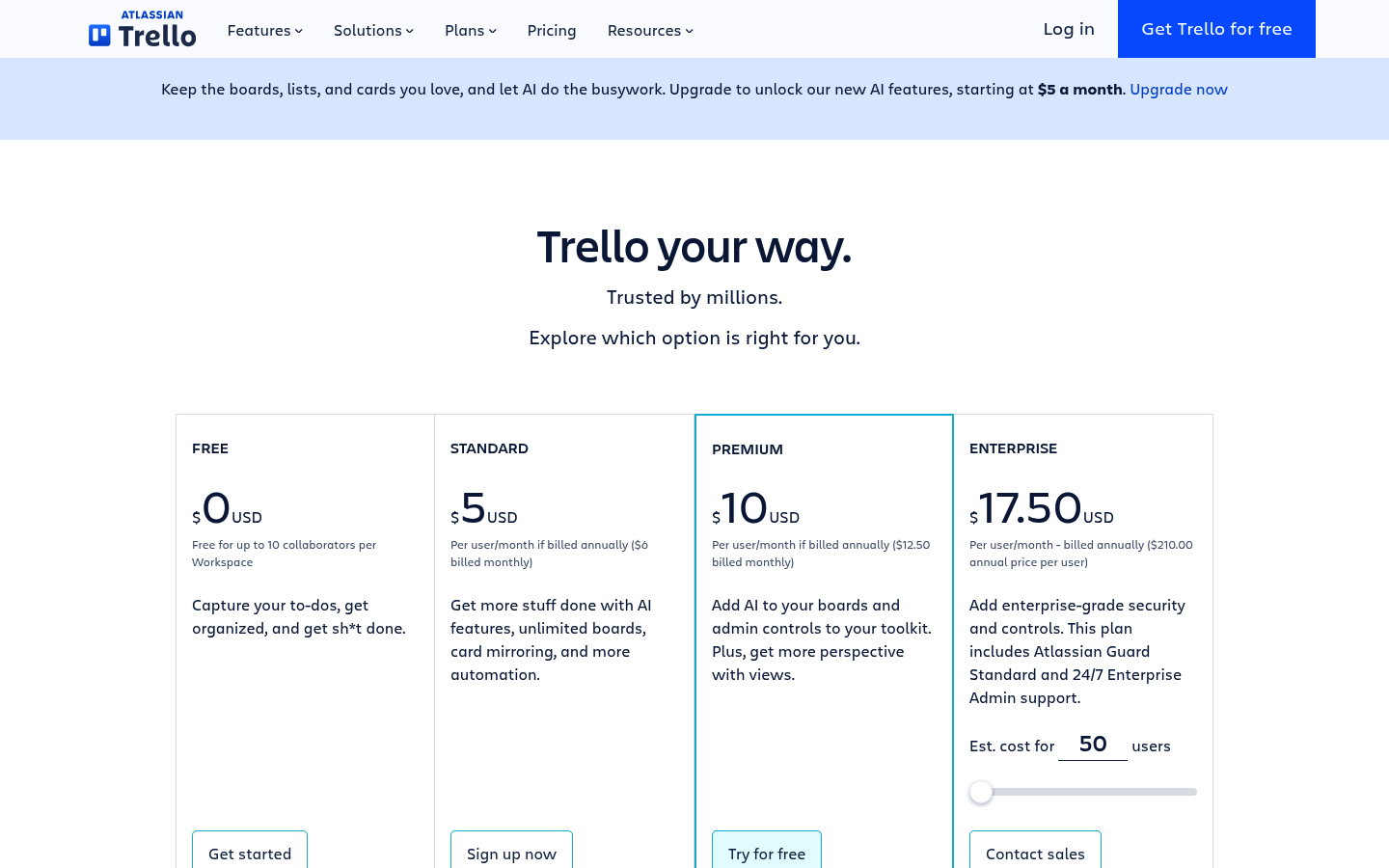 Screenshot of Trello's pricing page showing its plans and prices