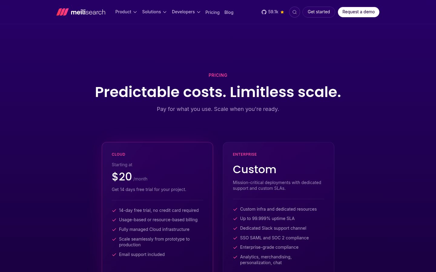Screenshot of Meilisearch's pricing page showing its plans and prices
