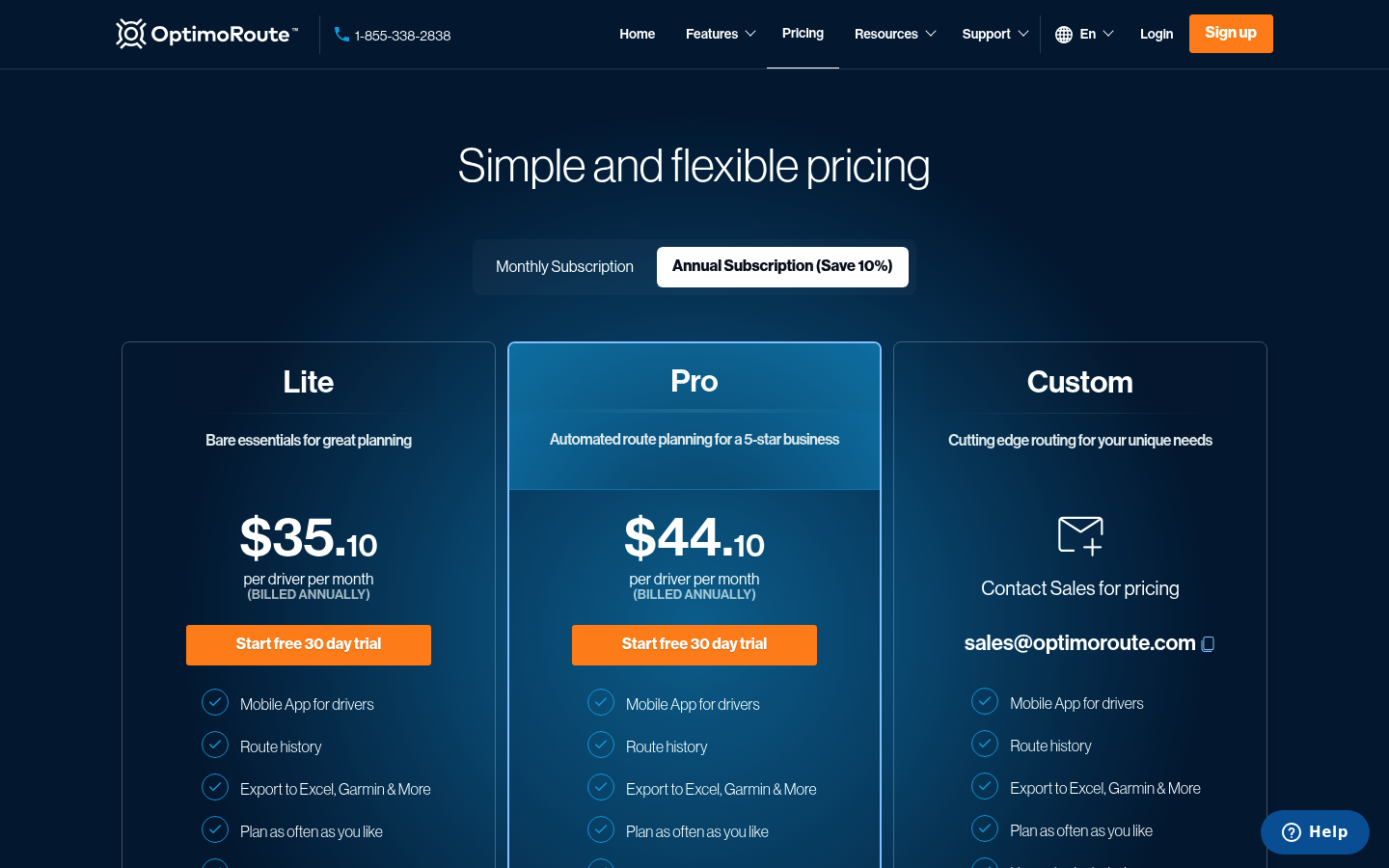 Screenshot of OptimoRoute's pricing page showing its plans and prices
