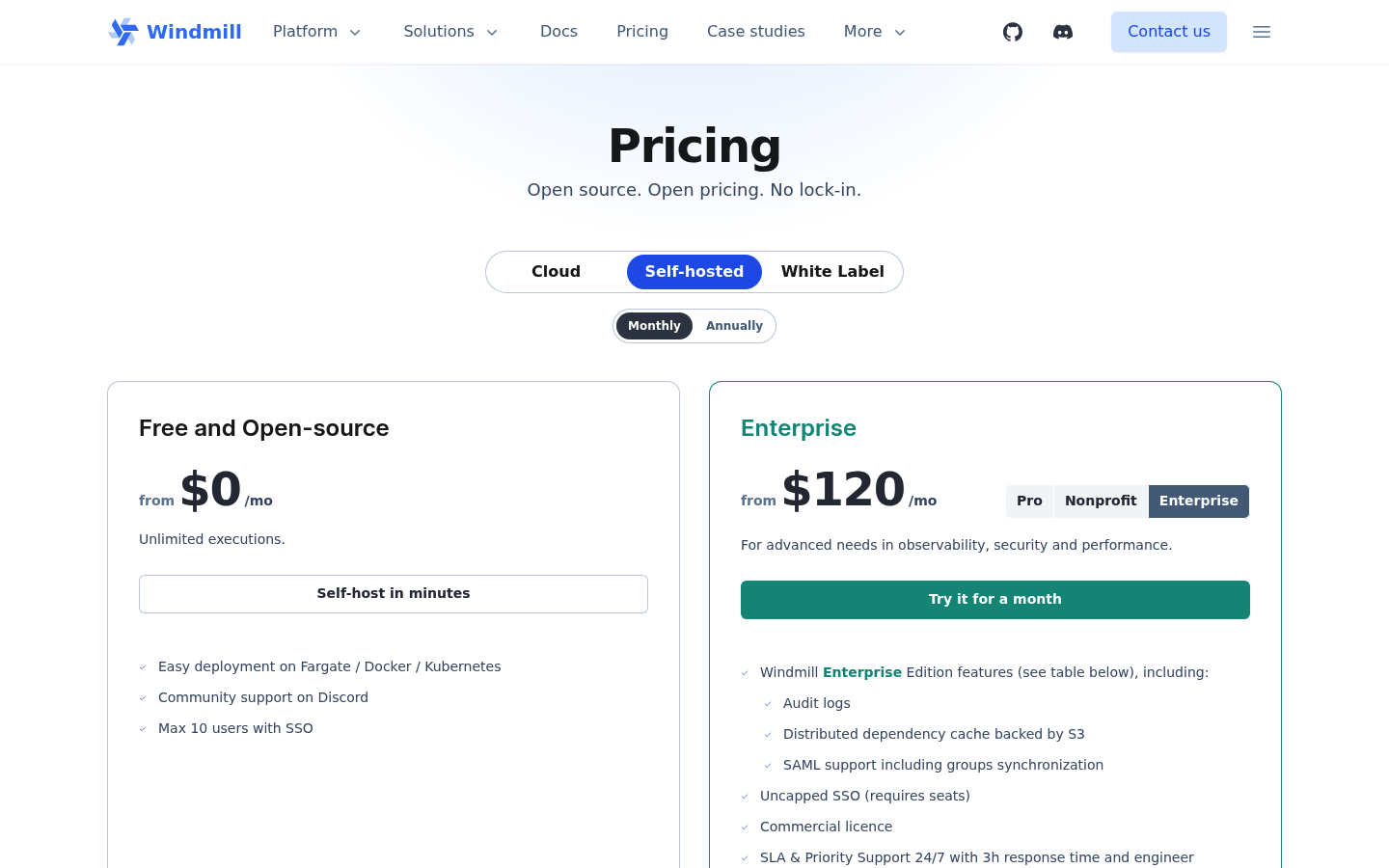 Screenshot of Windmill's pricing page showing its plans and prices