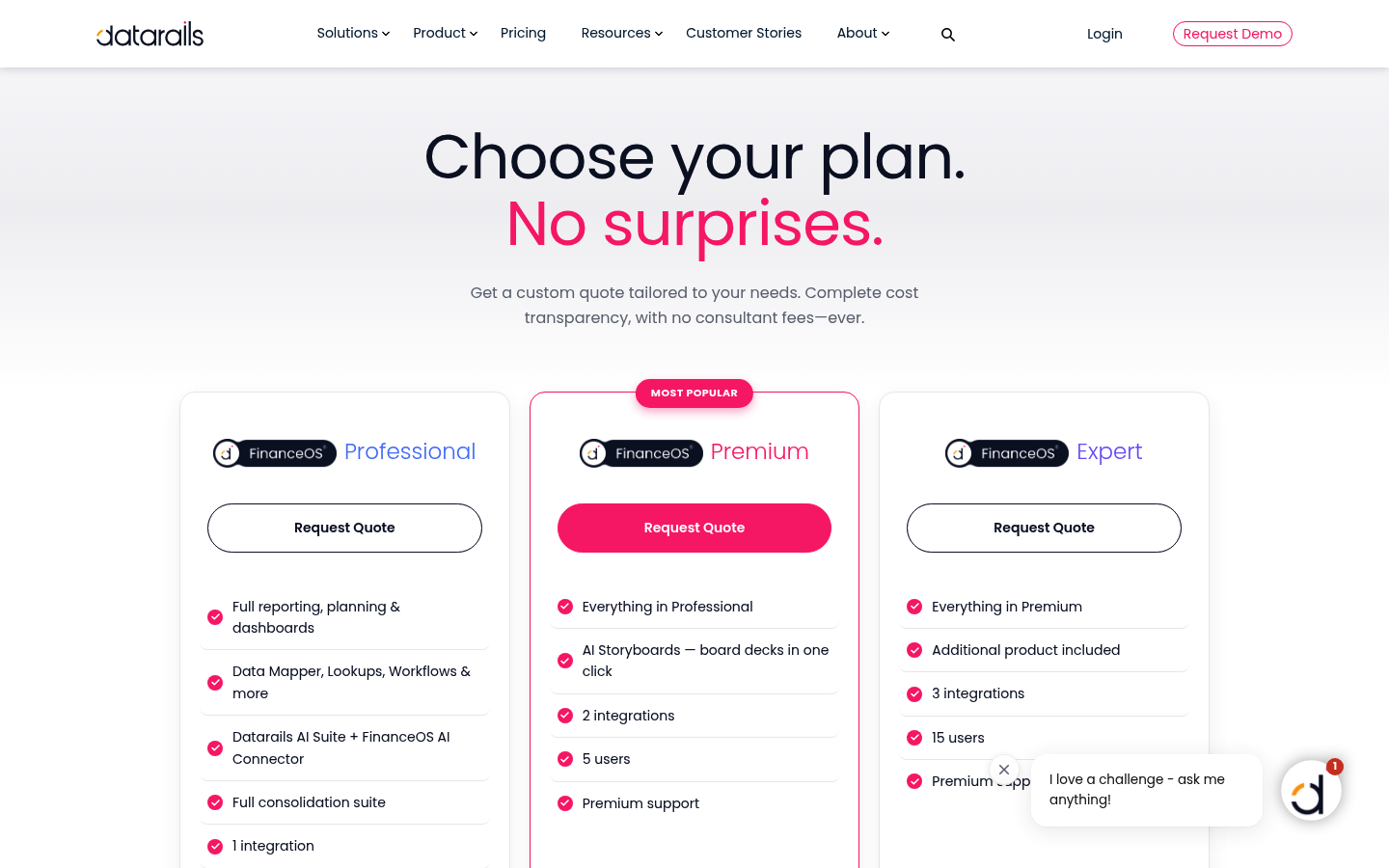 Screenshot of Datarails's pricing page showing its plans and prices