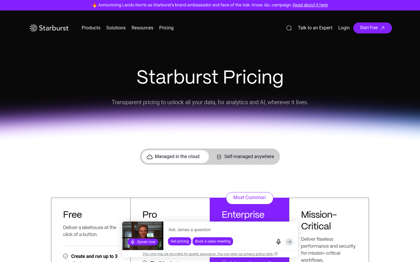 Screenshot of Starburst's pricing page showing its plans and prices