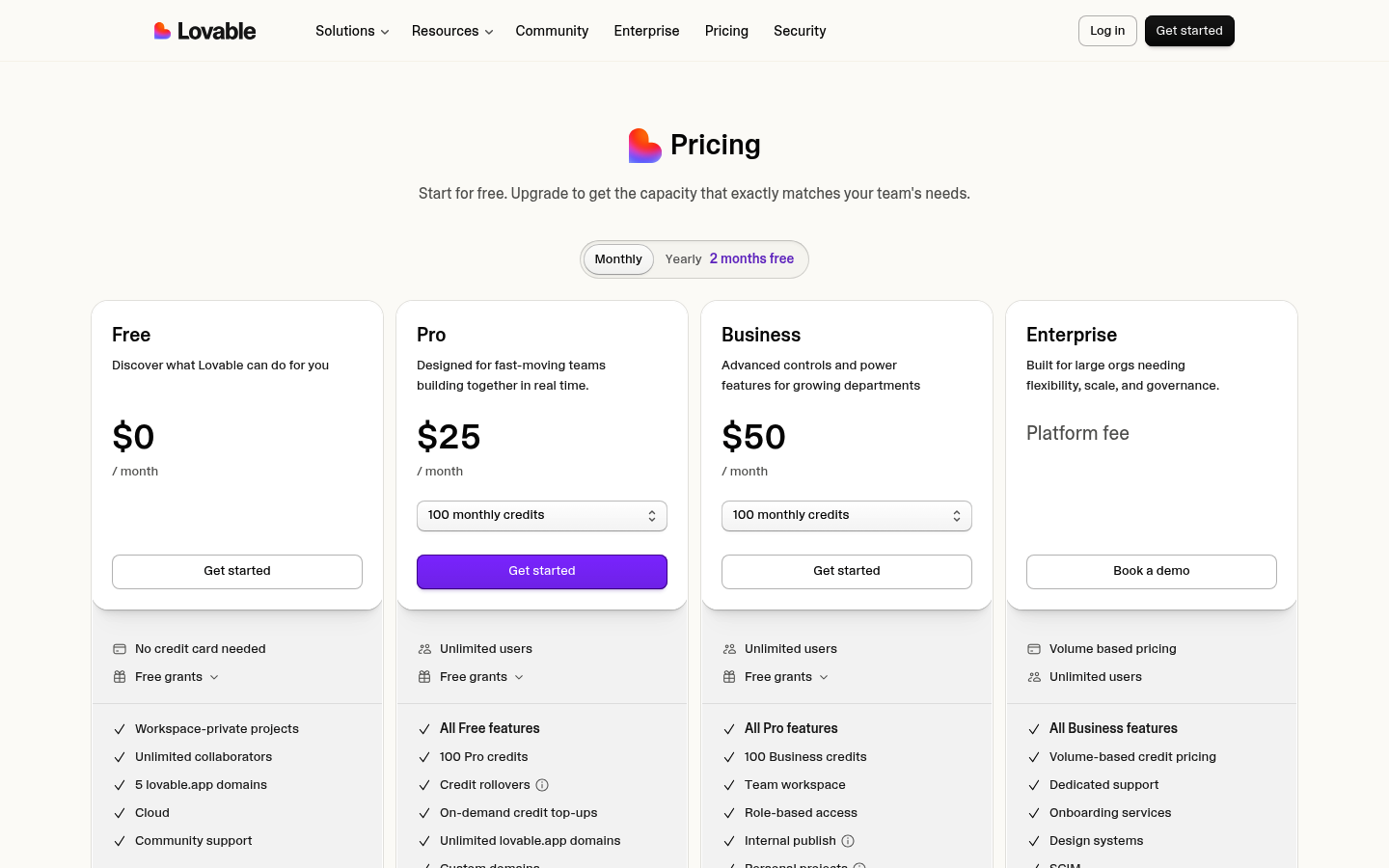 Screenshot of Lovable's pricing page showing its plans and prices