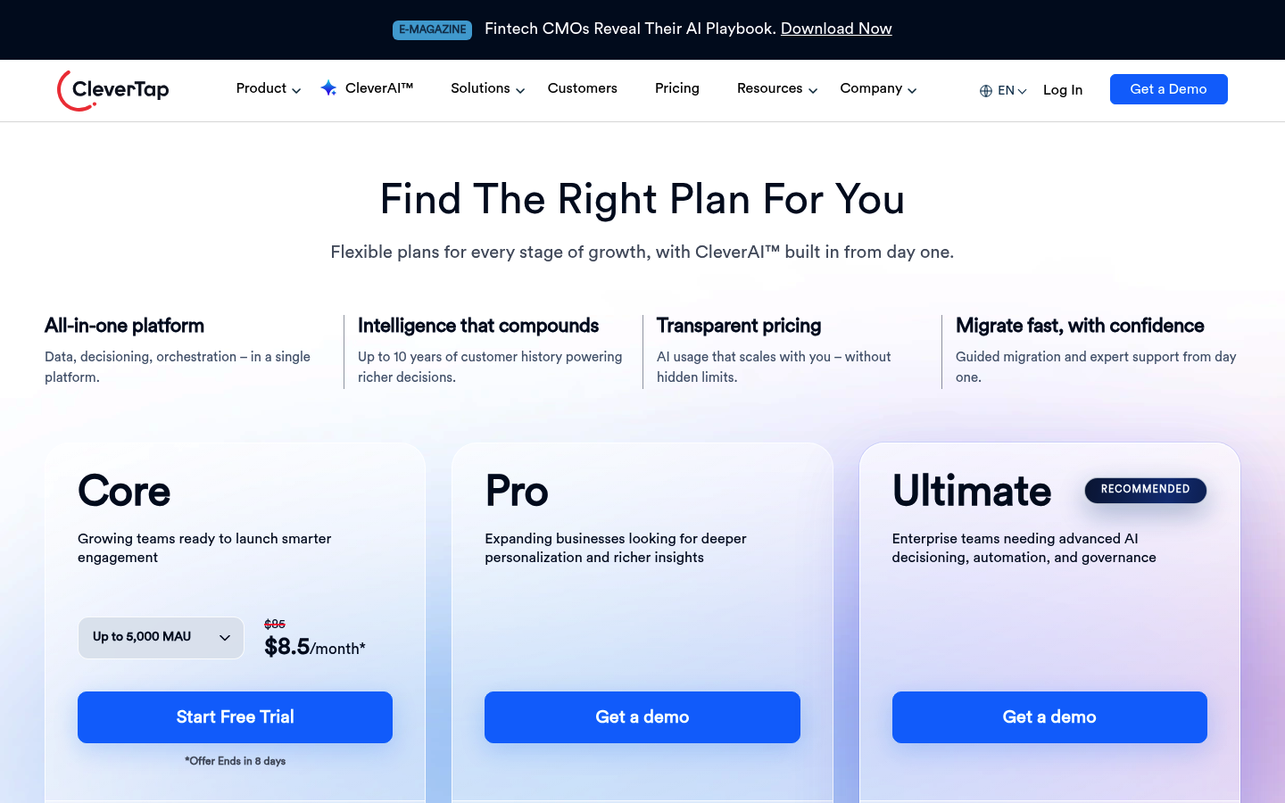 Screenshot of CleverTap's pricing page showing its plans and prices