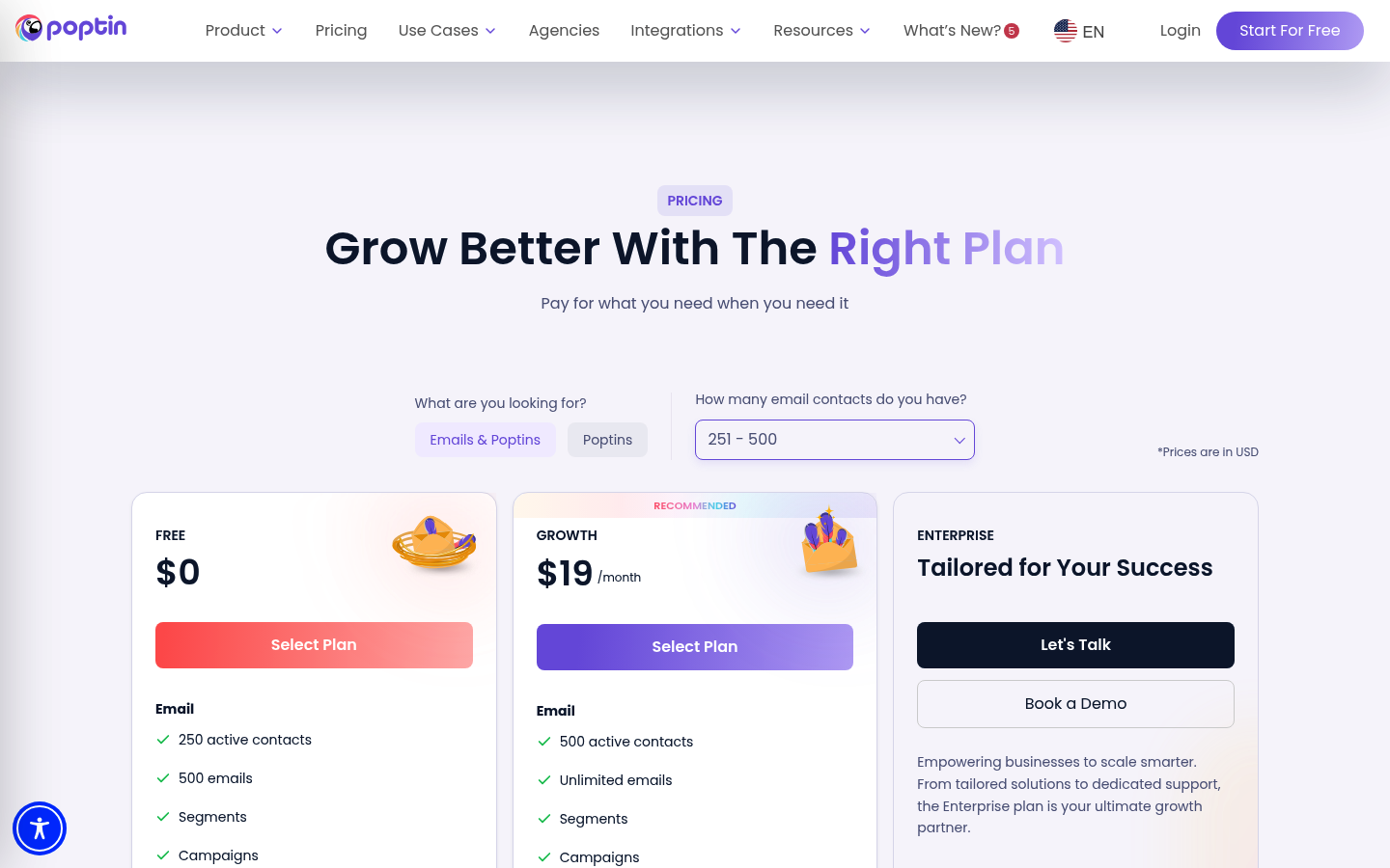 Screenshot of Poptin's pricing page showing its plans and prices
