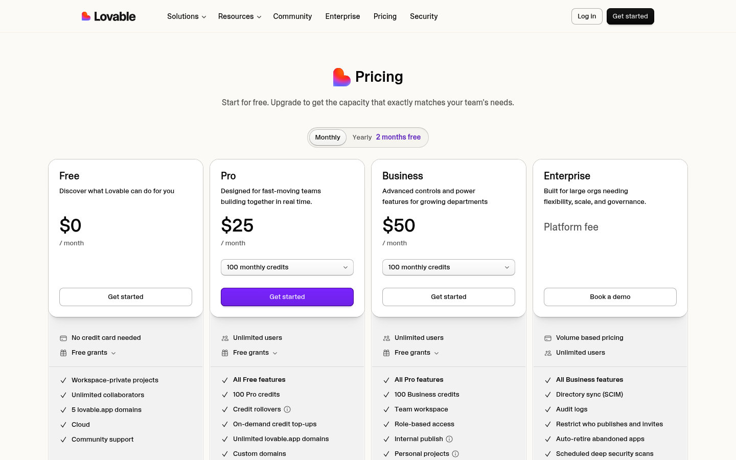 Screenshot of Lovable's pricing page showing its plans and prices