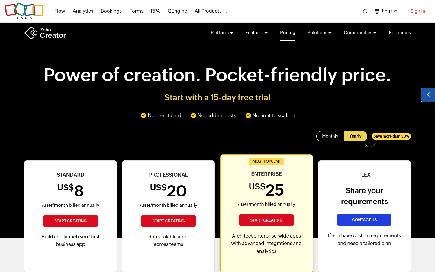 Screenshot of Zoho Creator's pricing page showing its plans and prices