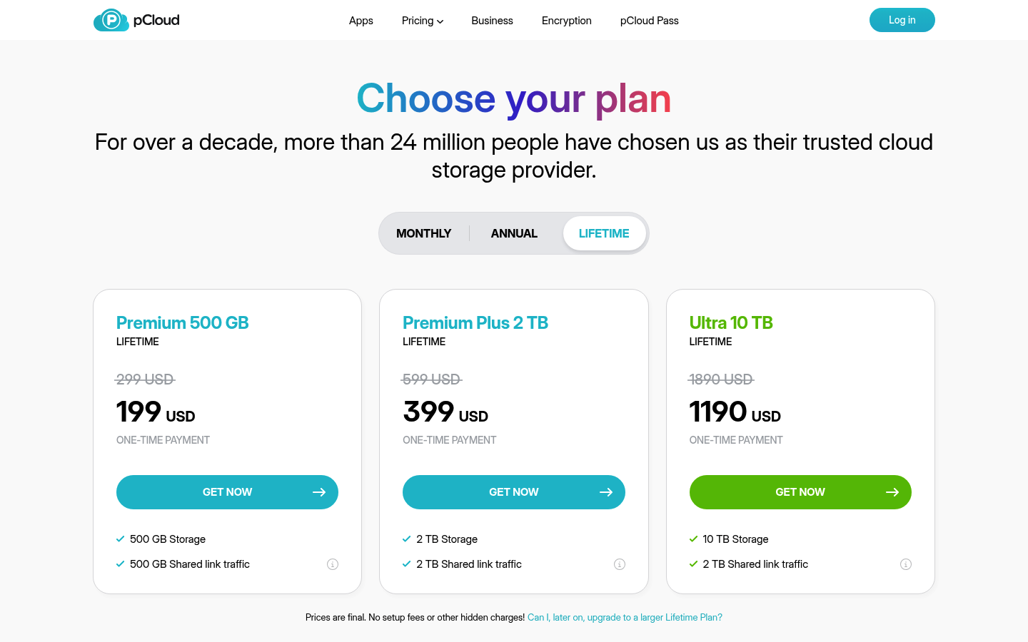 Screenshot of pCloud's pricing page showing its plans and prices