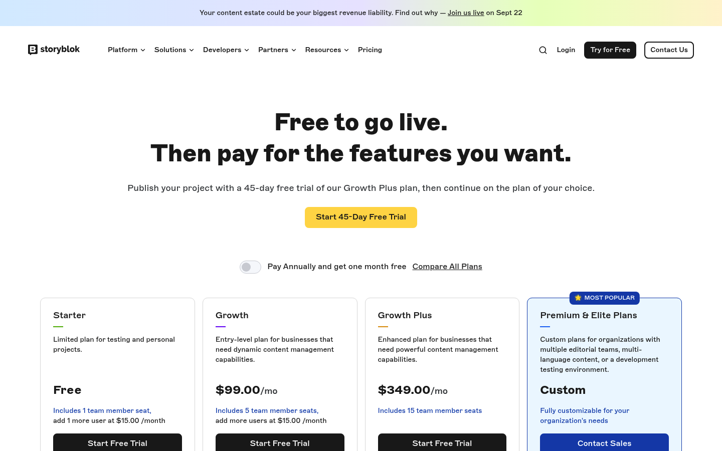 Screenshot of Storyblok's pricing page showing its plans and prices