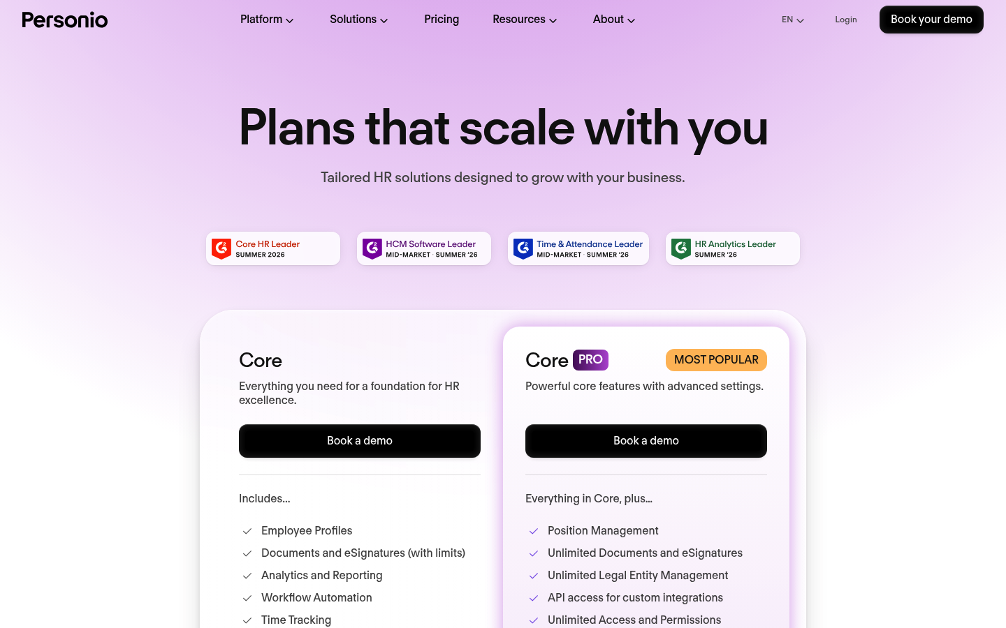 Screenshot of Personio's pricing page showing its plans and prices