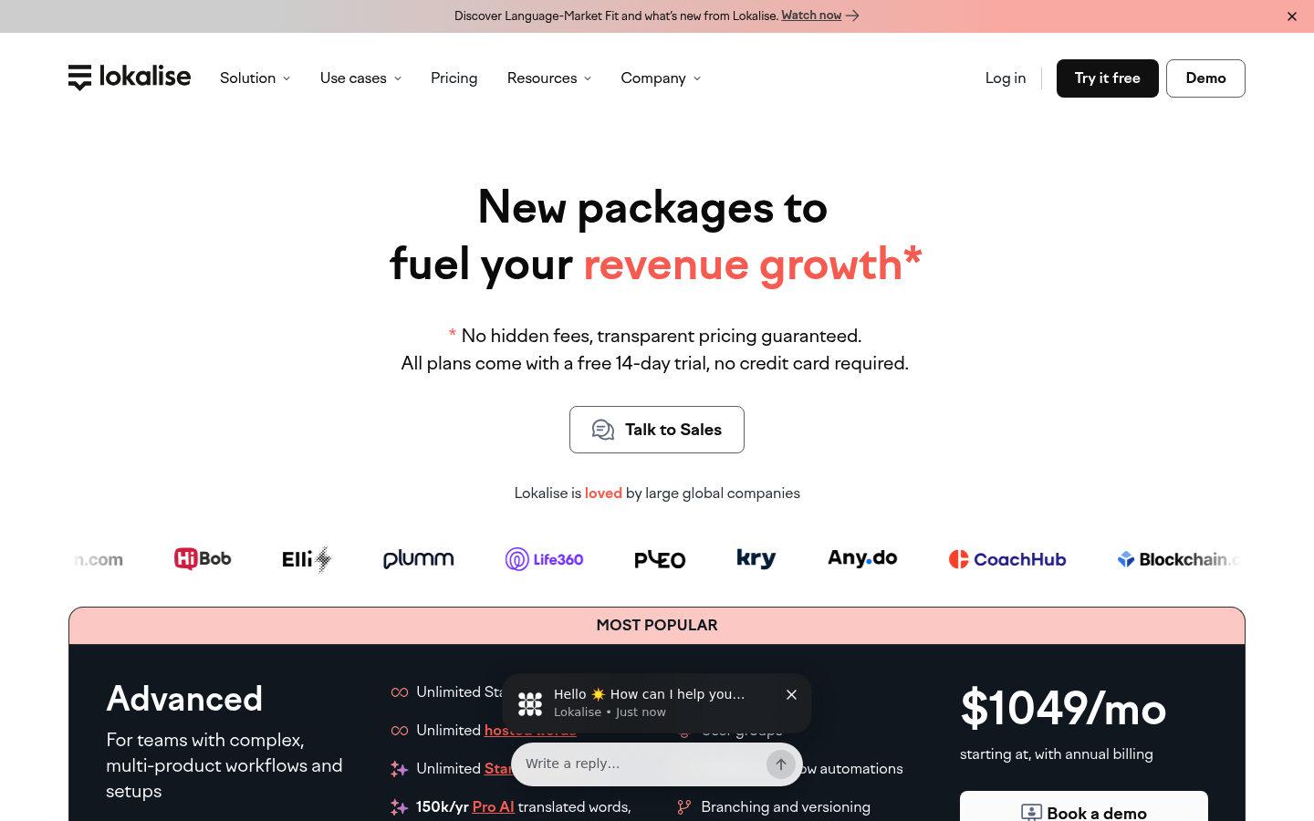 Screenshot of Lokalise's pricing page showing its plans and prices