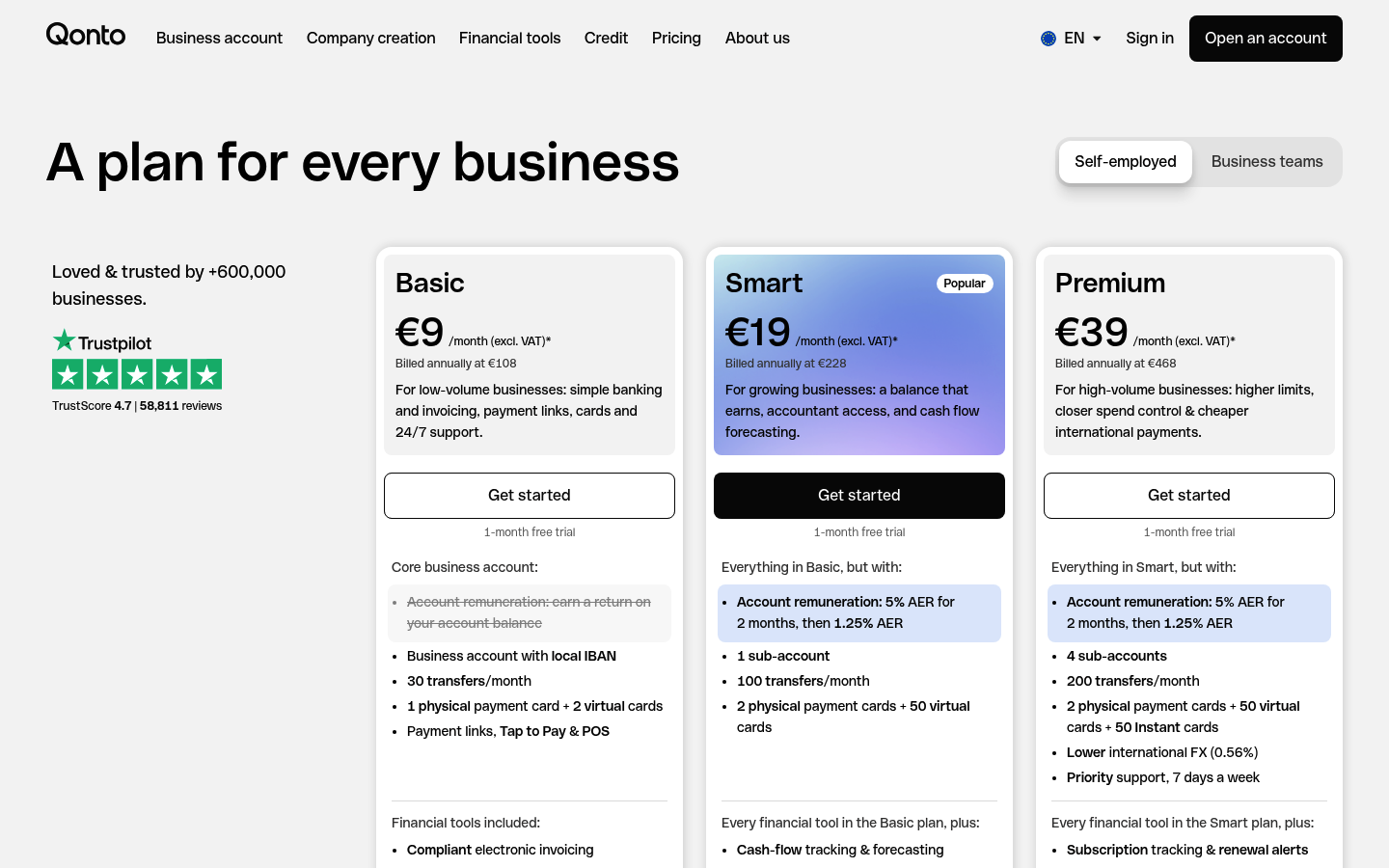 Screenshot of Qonto's pricing page showing its plans and prices
