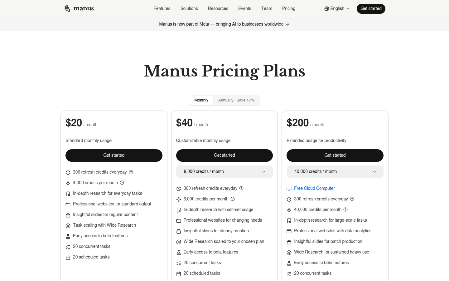 Screenshot of Manus's pricing page showing its plans and prices
