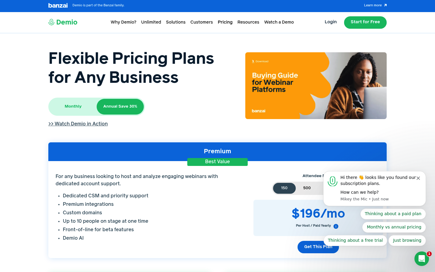 Screenshot of Demio's pricing page showing its plans and prices