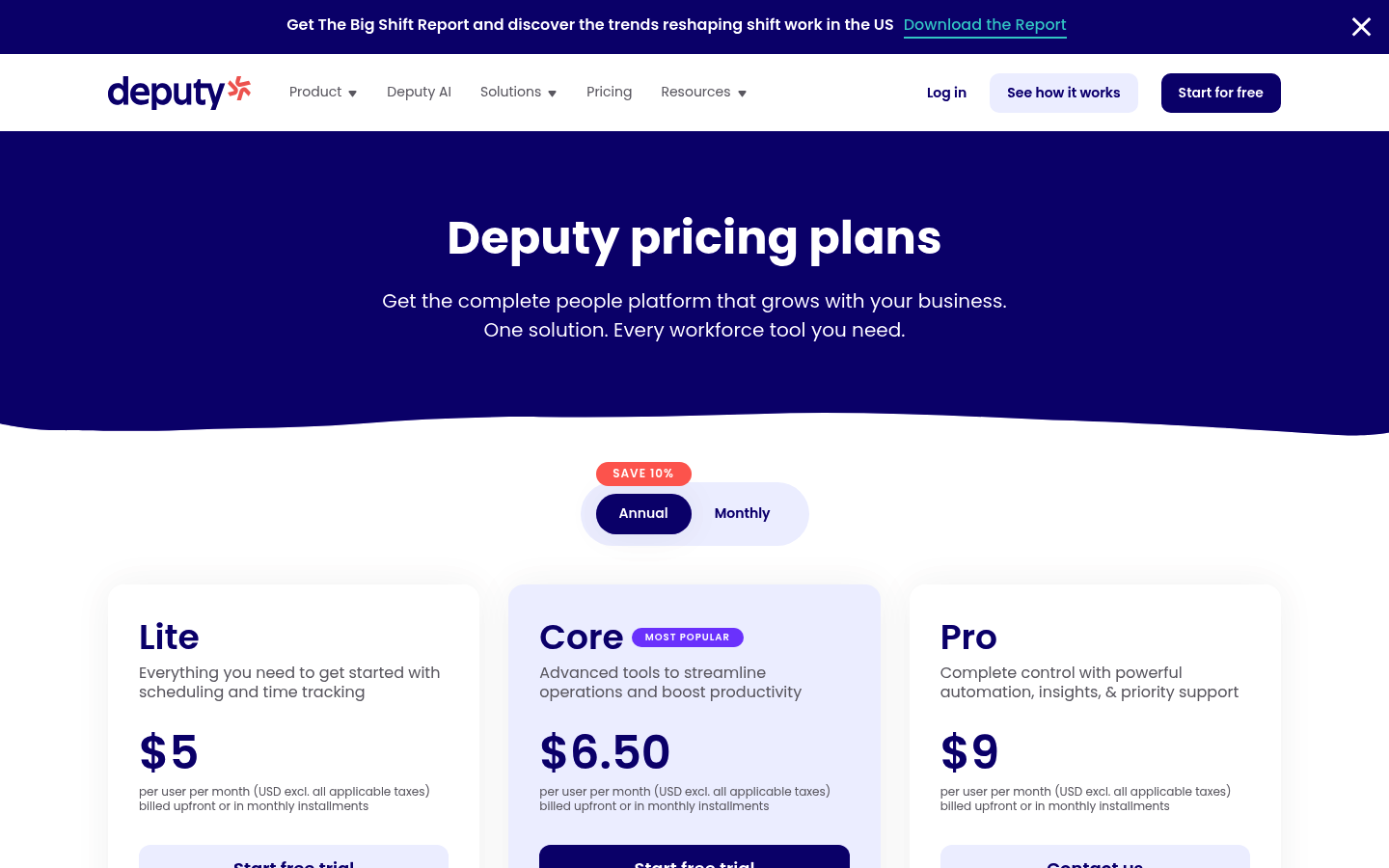 Screenshot of Deputy's pricing page showing its plans and prices