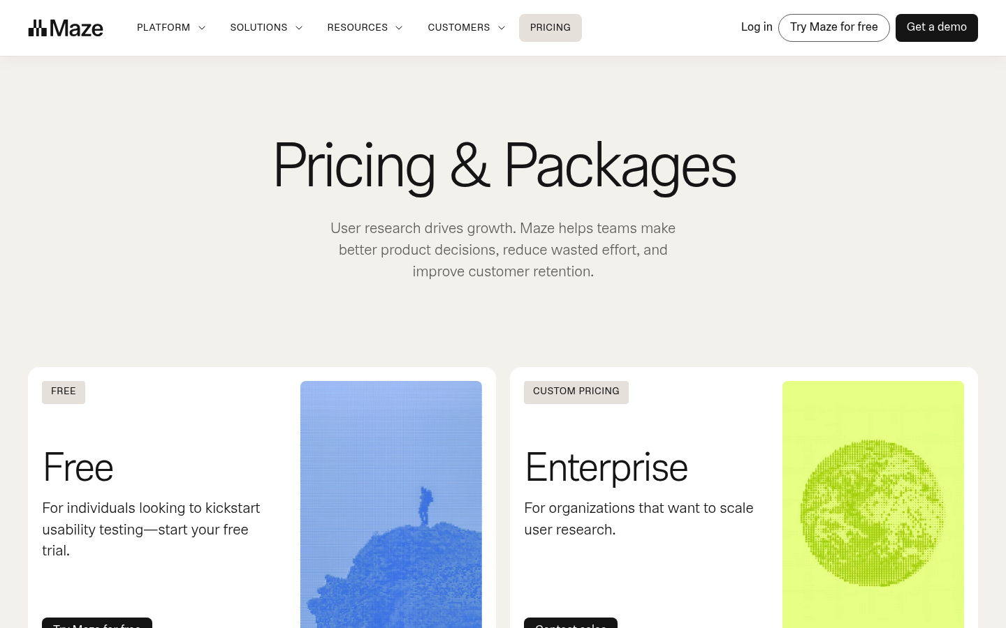 Screenshot of Maze's pricing page showing its plans and prices