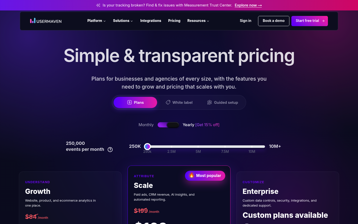 Screenshot of Usermaven's pricing page showing its plans and prices