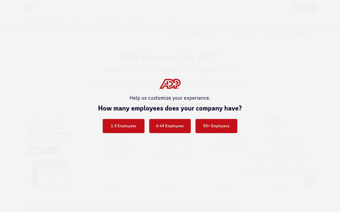 Screenshot of ADP's pricing page showing its plans and prices