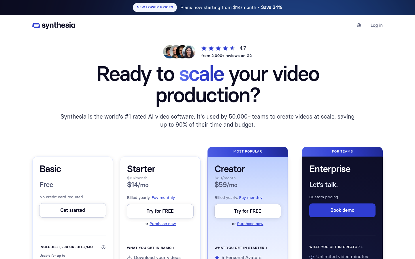 Screenshot of Synthesia's pricing page showing its plans and prices