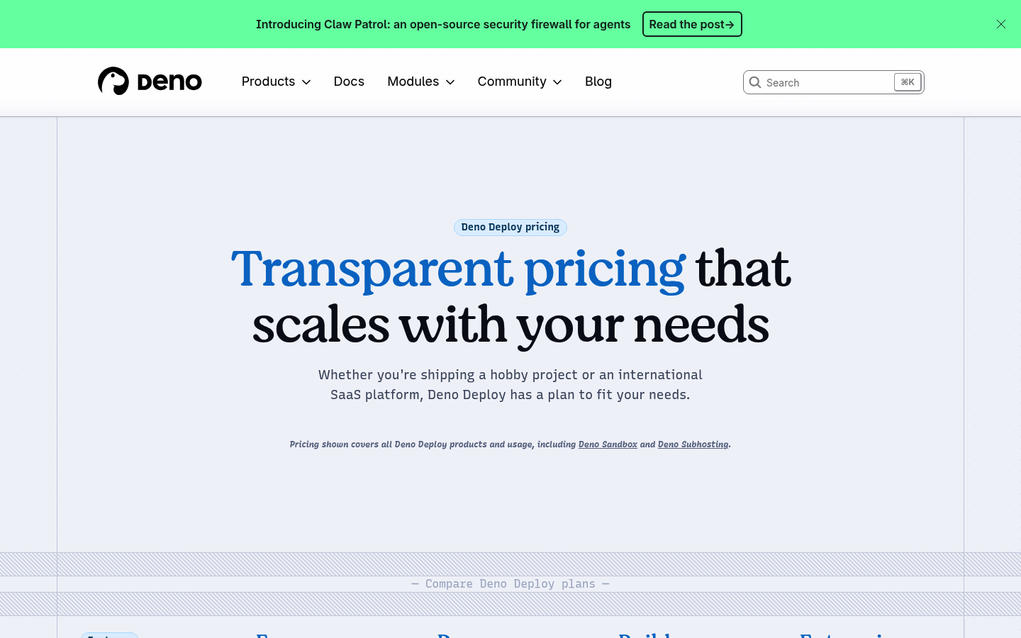 Screenshot of Deno Deploy's pricing page showing its plans and prices
