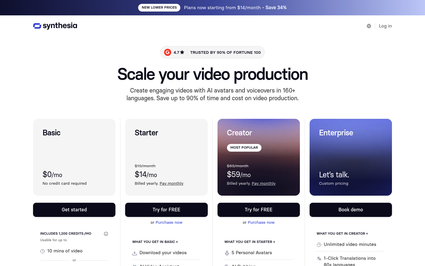 Screenshot of Synthesia's pricing page showing its plans and prices