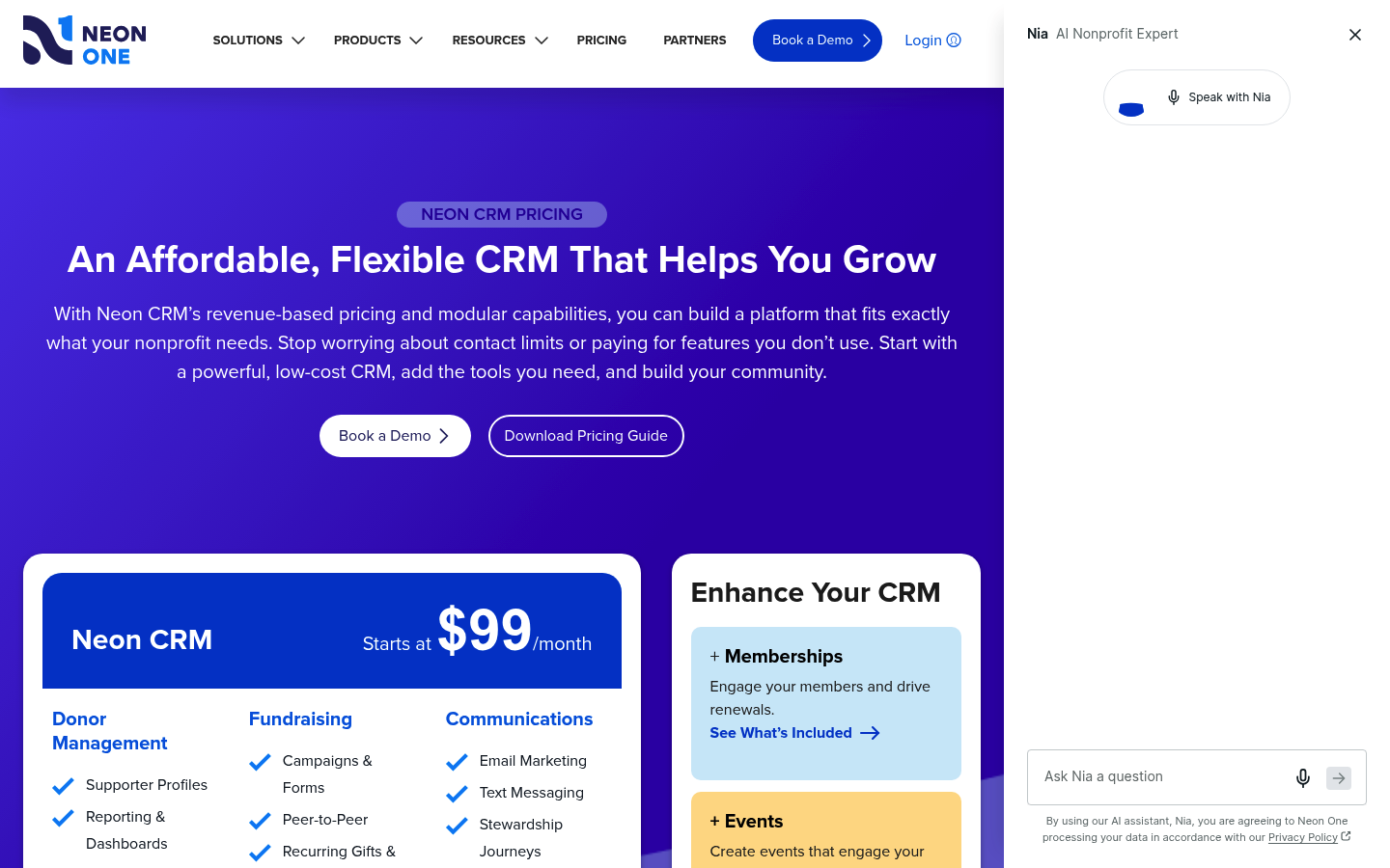 Screenshot of Neon CRM's pricing page showing its plans and prices