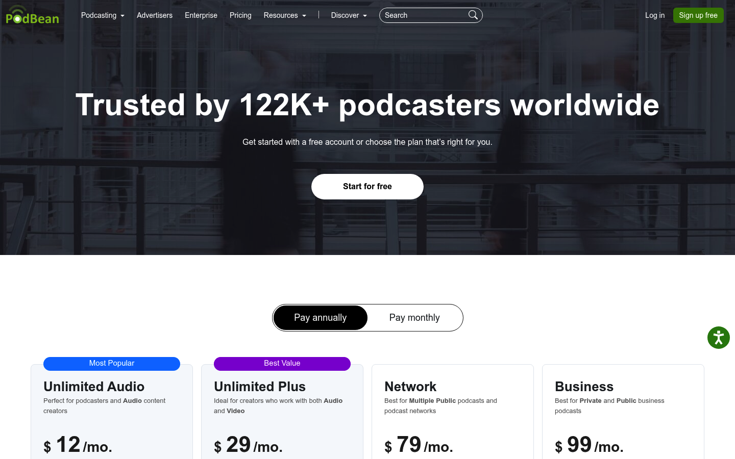 Screenshot of Podbean's pricing page showing its plans and prices