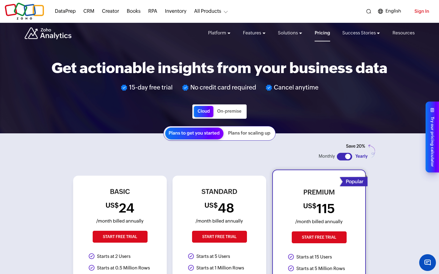 Screenshot of Zoho Analytics's pricing page showing its plans and prices
