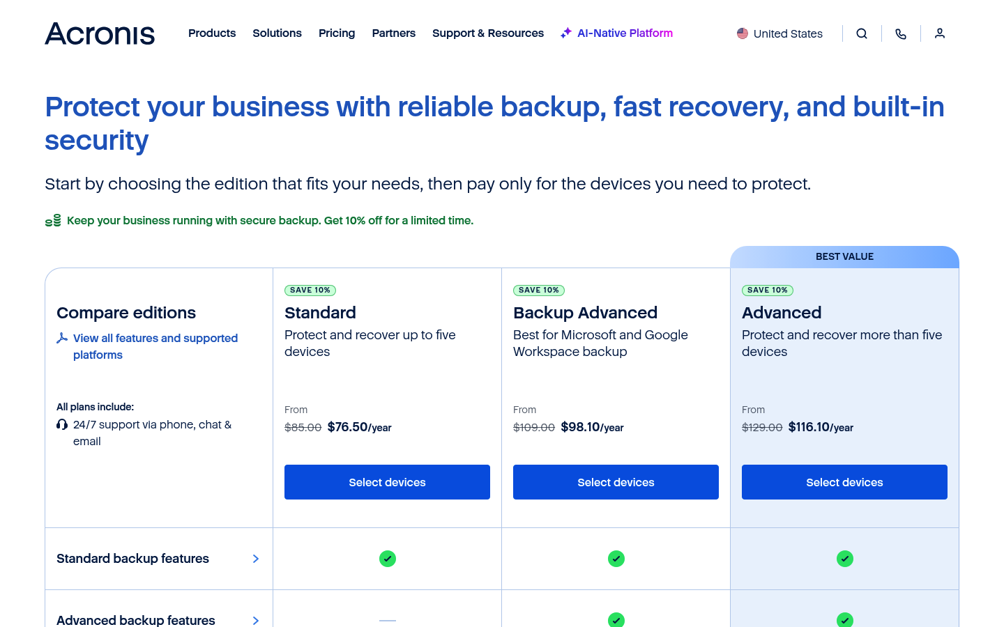 Screenshot of Acronis's pricing page showing its plans and prices
