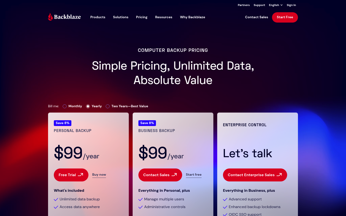 Screenshot of Backblaze's pricing page showing its plans and prices