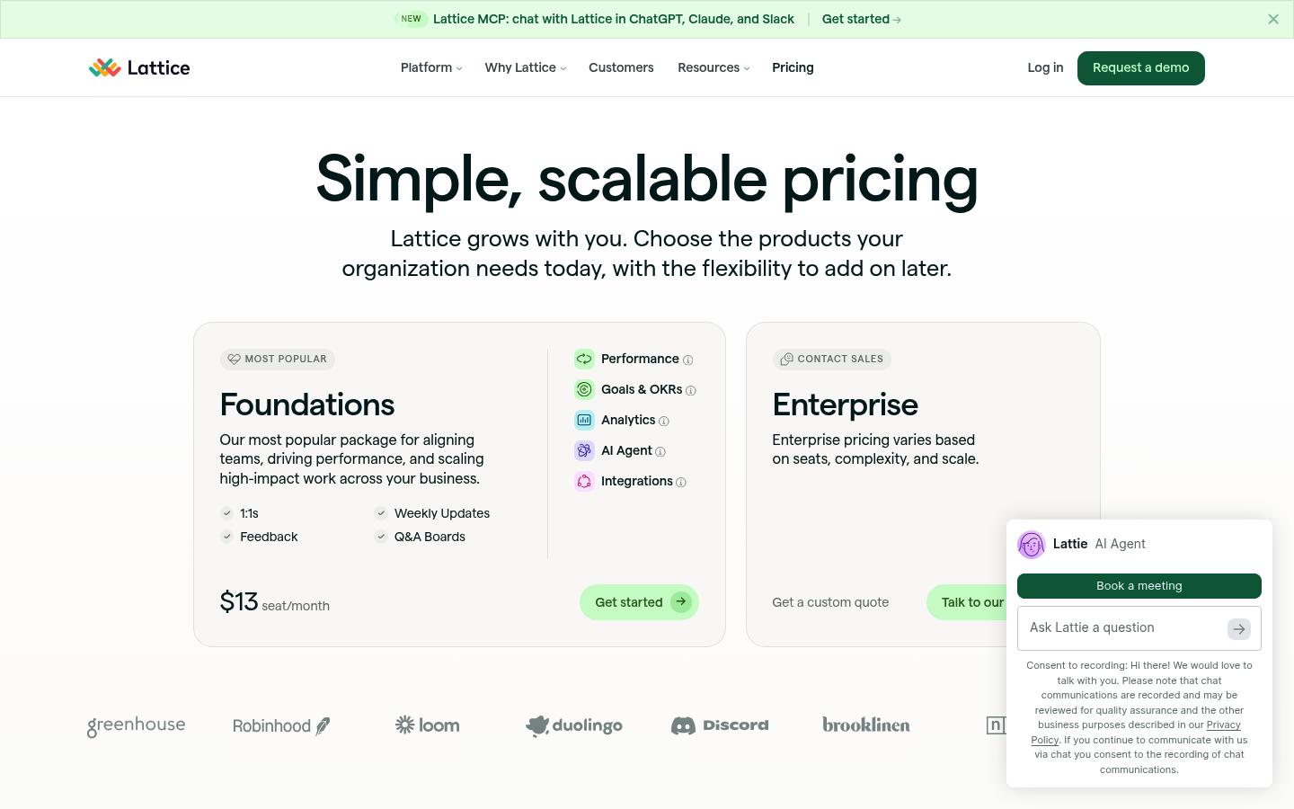 Screenshot of Lattice's pricing page showing its plans and prices